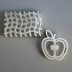 Copco Metal Trivets Wall Hangings - Apple & Basket Weave Pair Vtg Aluminum Decor